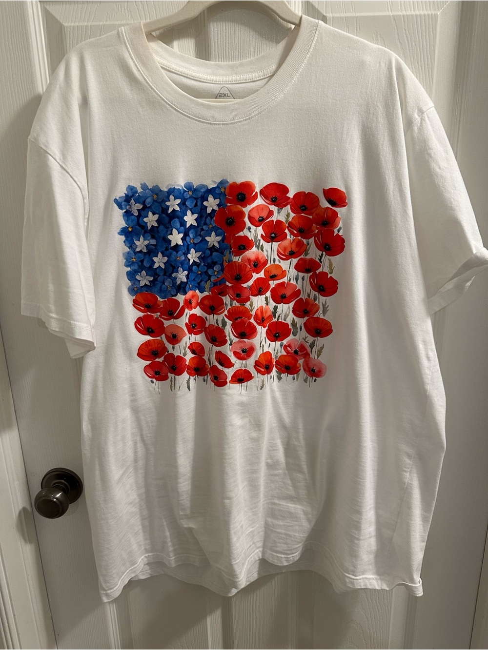 White Graphic Tee with Red Poppy & Blue Floral Flag like new worn once